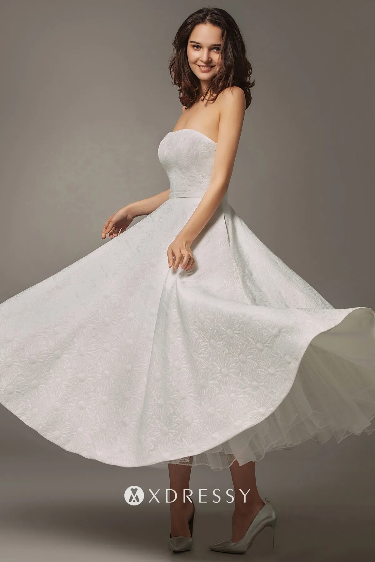 casual tea length strapless wedding dress with pockets casual tea length strapless wedding dress with pockets