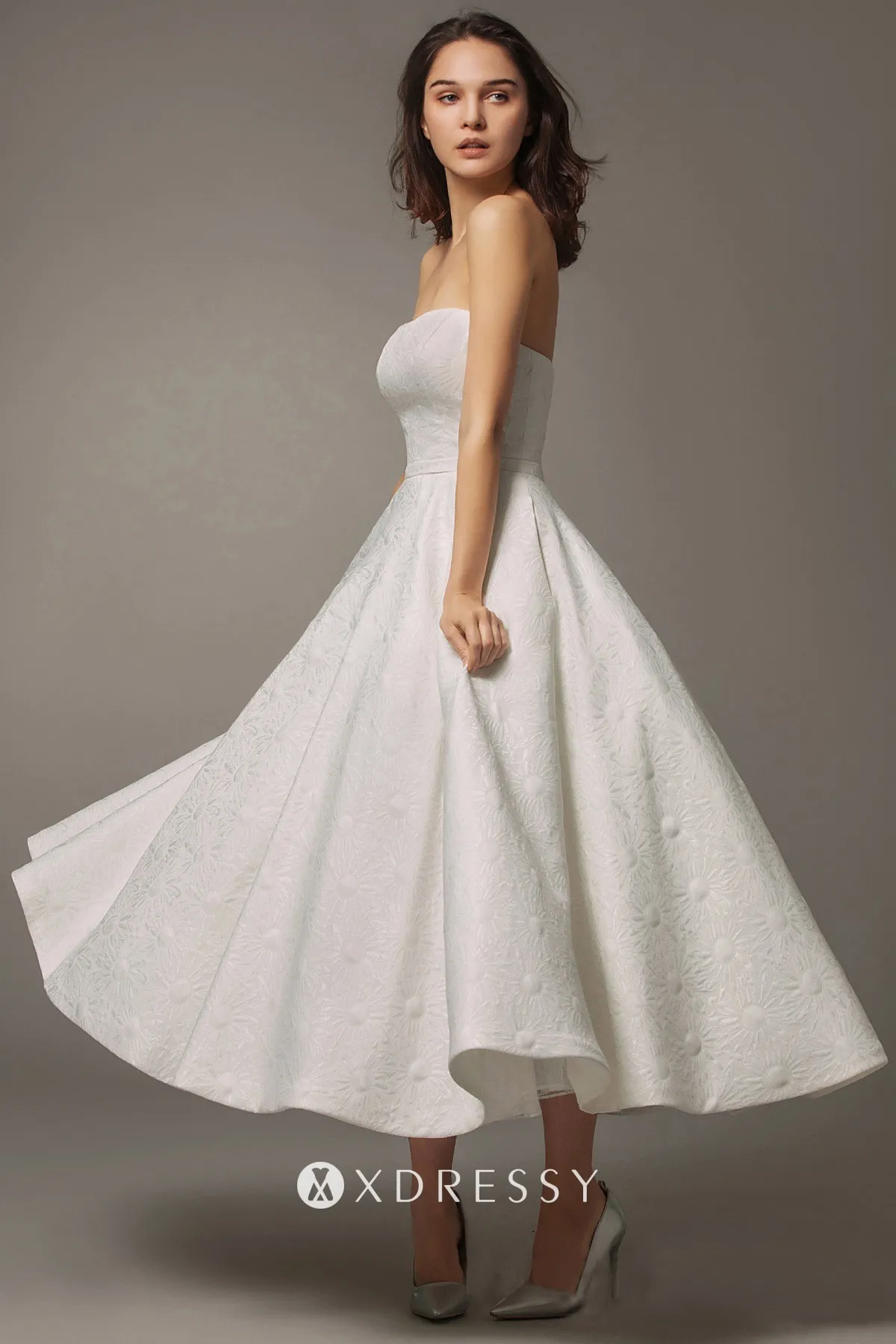 tea length strapless puffy wedding dress with pockets tea length strapless puffy wedding dress with pockets