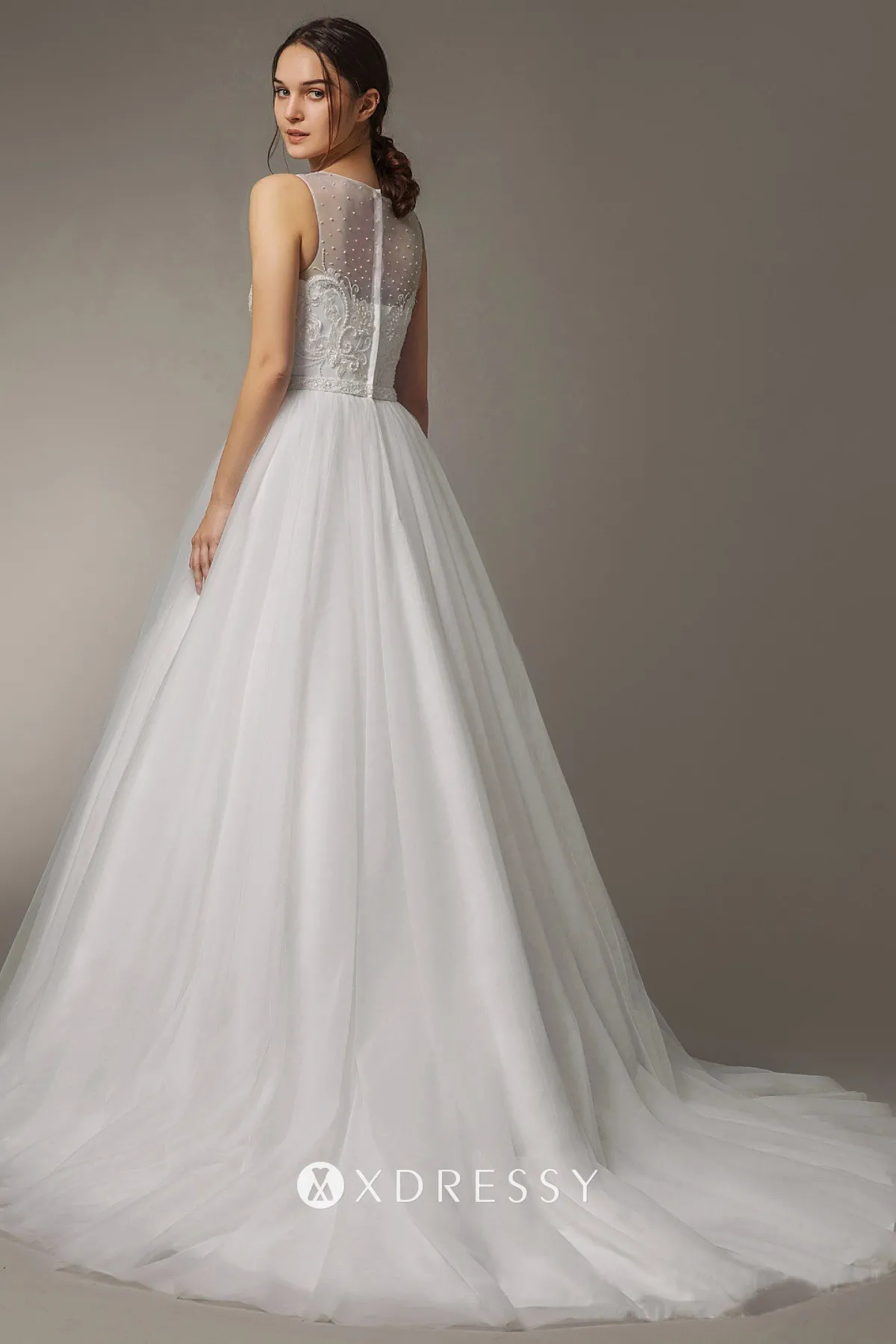 chapel train illusion sweetheart lace tulle A line wedding gown chapel train illusion sweetheart lace tulle A line wedding gown