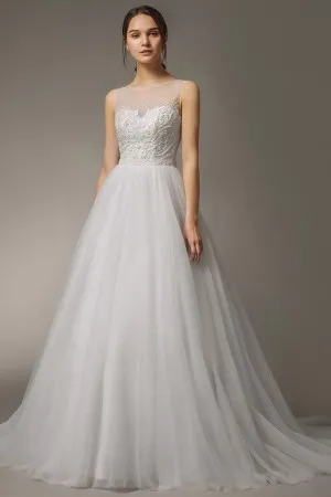 illusion sweetheart lace tulle A line wedding gown