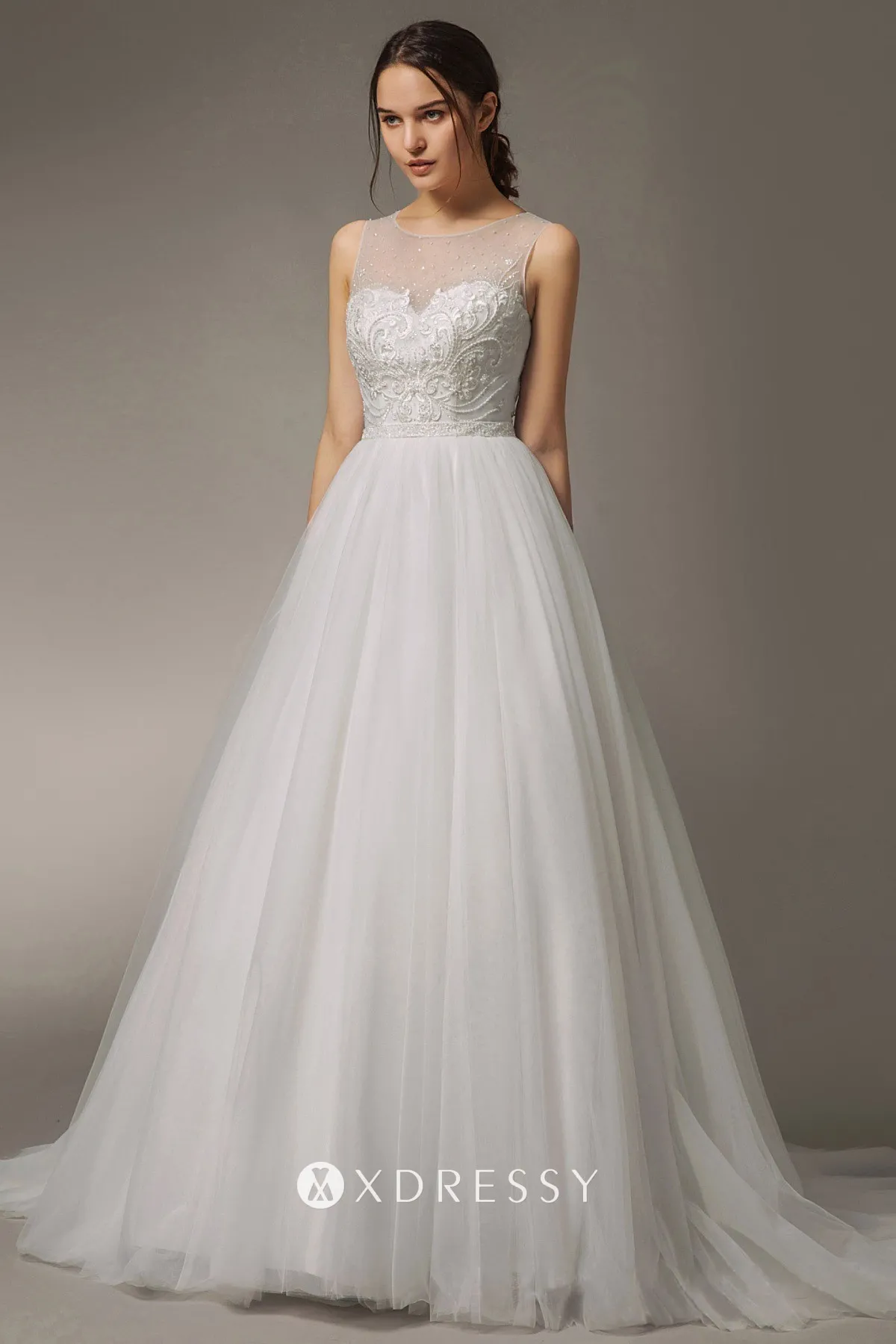 sleeveless illusion sweetheart lace tulle A line wedding gown sleeveless illusion sweetheart lace tulle A line wedding gown