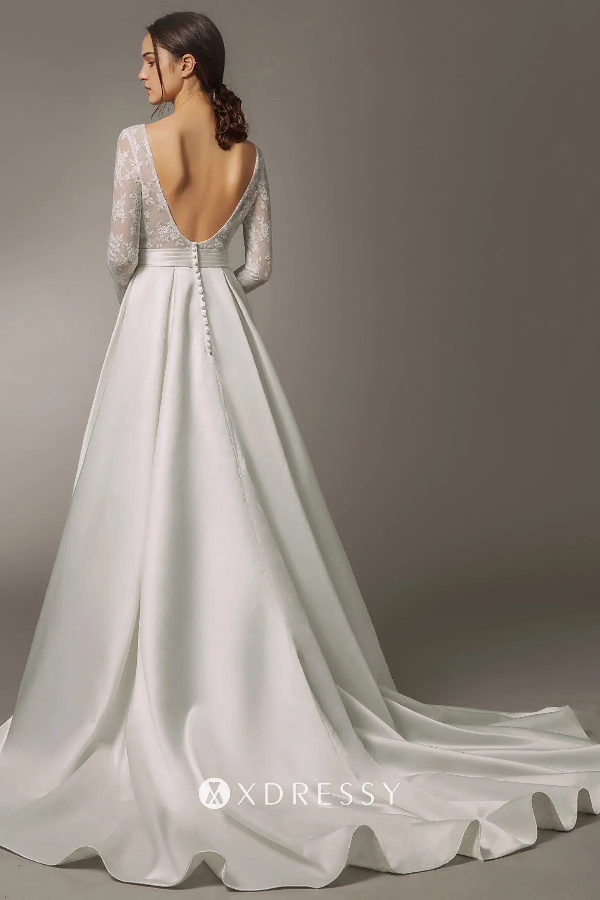 cathedral train illusion lace satin long sleeve winter bridal gown
