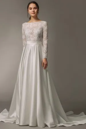 illusion lace satin long sleeve winter bridal gown