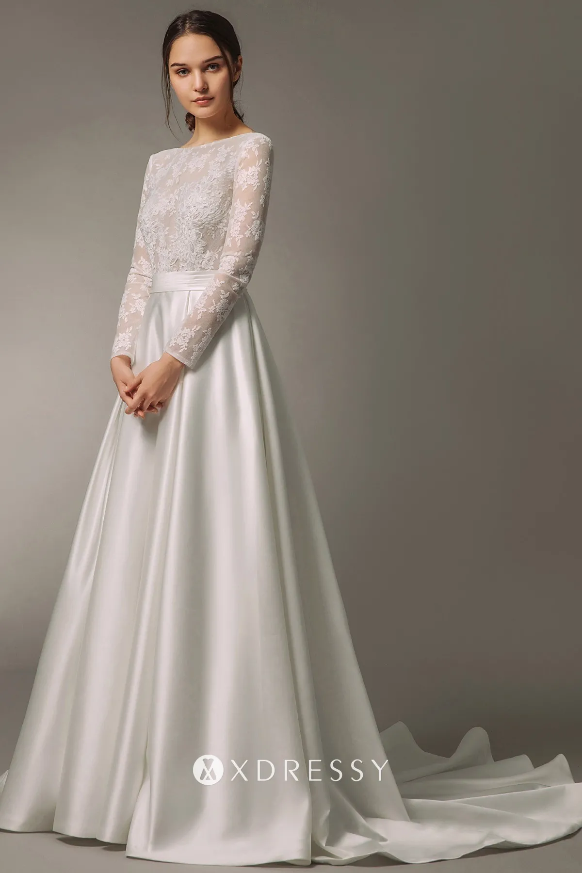 long sleeve illusion lace and satin winter bridal gown