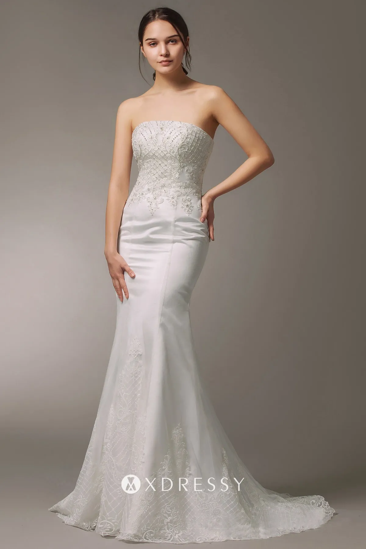 Elegant One Shoulder Satin Mermaid Wedding Dress with Slit Overskirt and Pearls main image 1