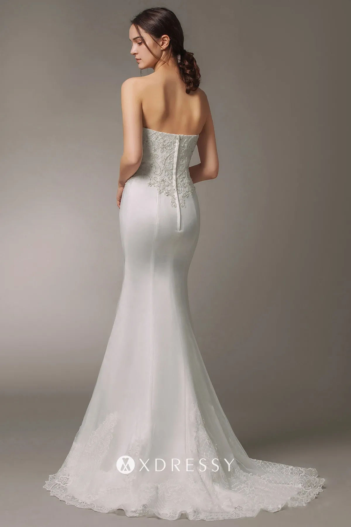 low back beaded satin mermaid wedding dress with overskirt low back beaded satin mermaid wedding dress with overskirt