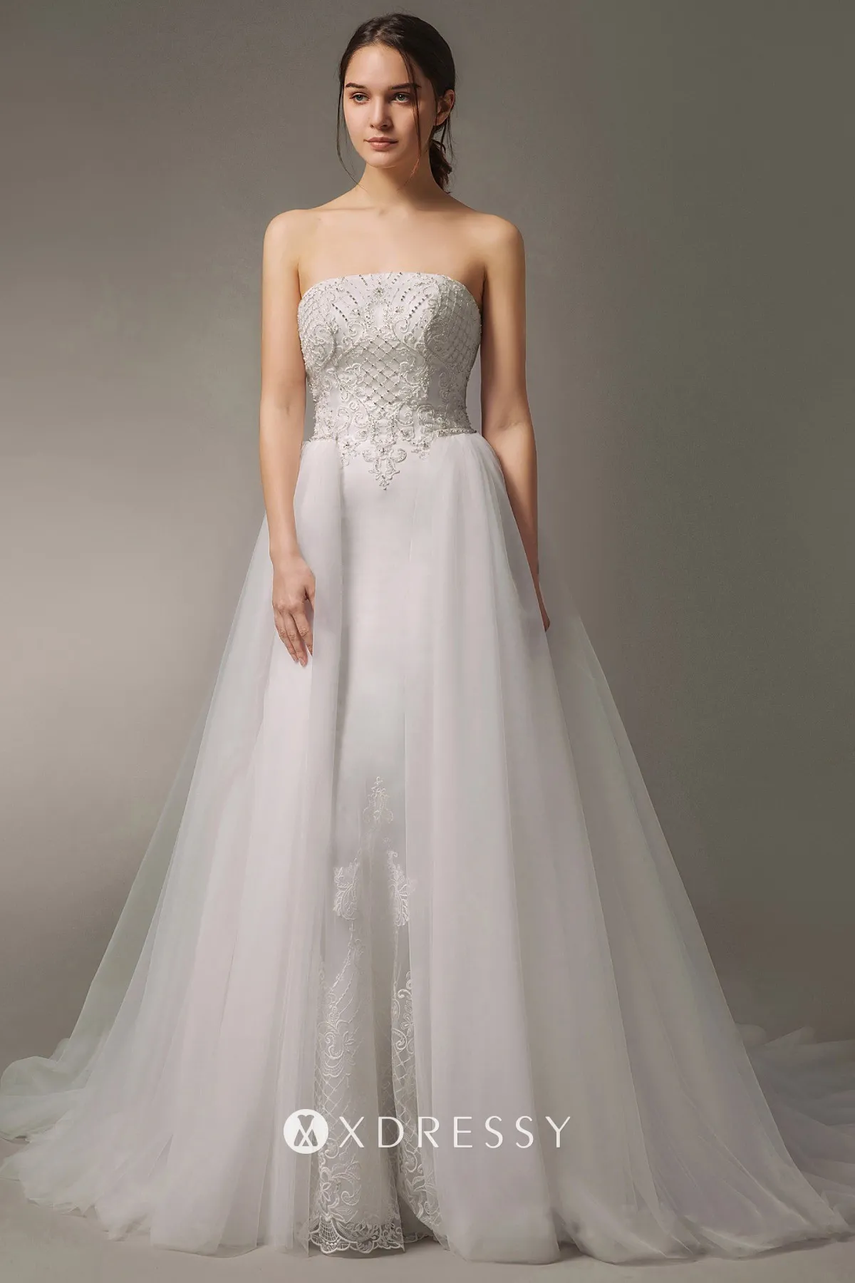 removable tulle overskirt beaded satin mermaid wedding dress removable tulle overskirt beaded satin mermaid wedding dress