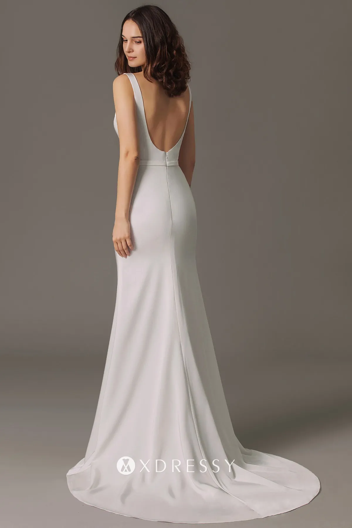 low V back plunging neck satin fit and flare wedding dress low V back plunging neck satin fit and flare wedding dress