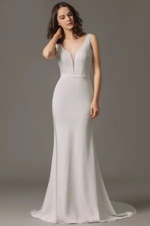 plunging neck satin fit and flare wedding dress