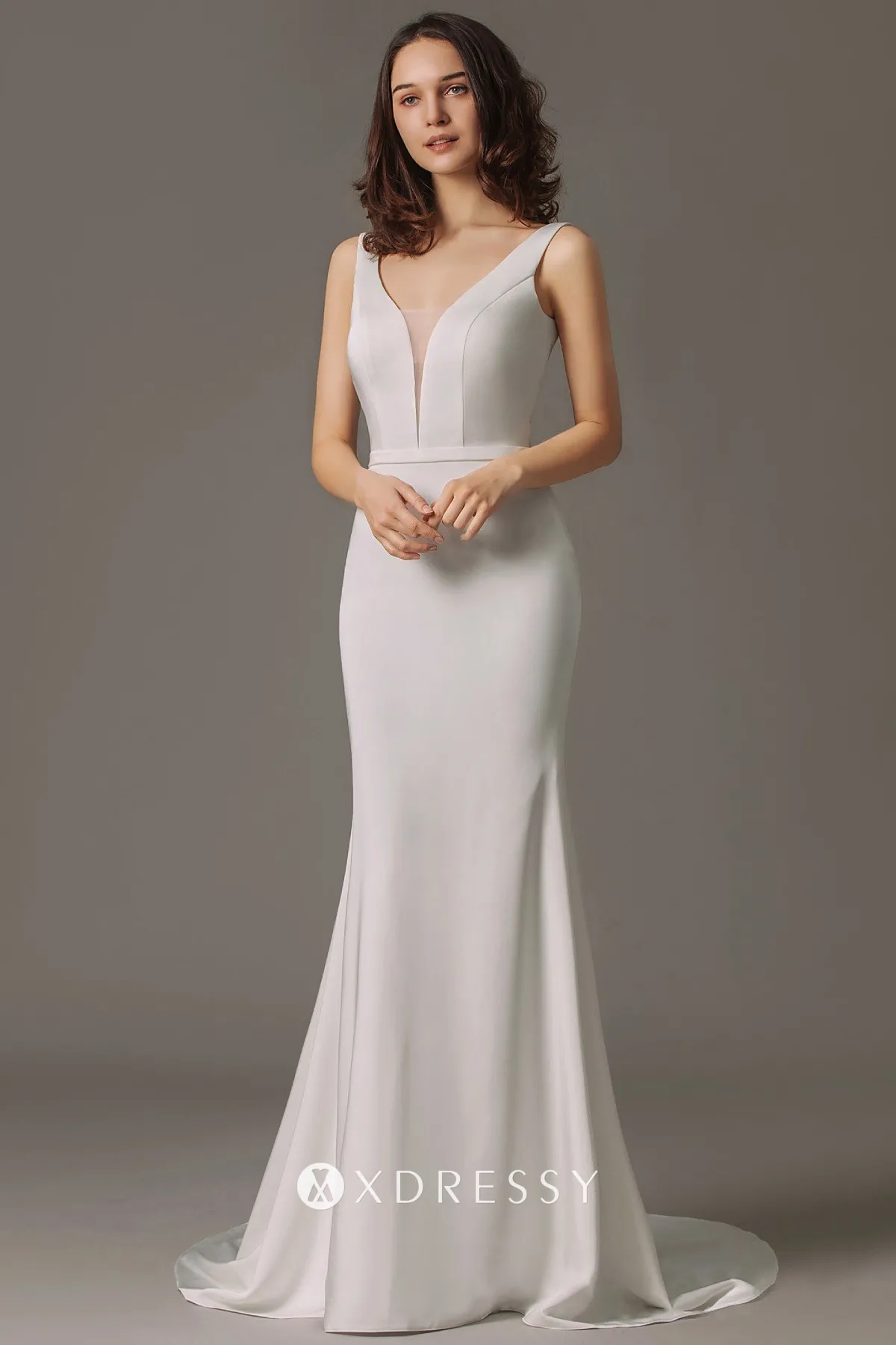 sleeveless plunging neck satin fit and flare wedding dress sleeveless plunging neck satin fit and flare wedding dress