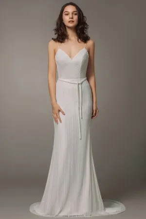 V neck lace mesh overlay fit and flare bridal gown
