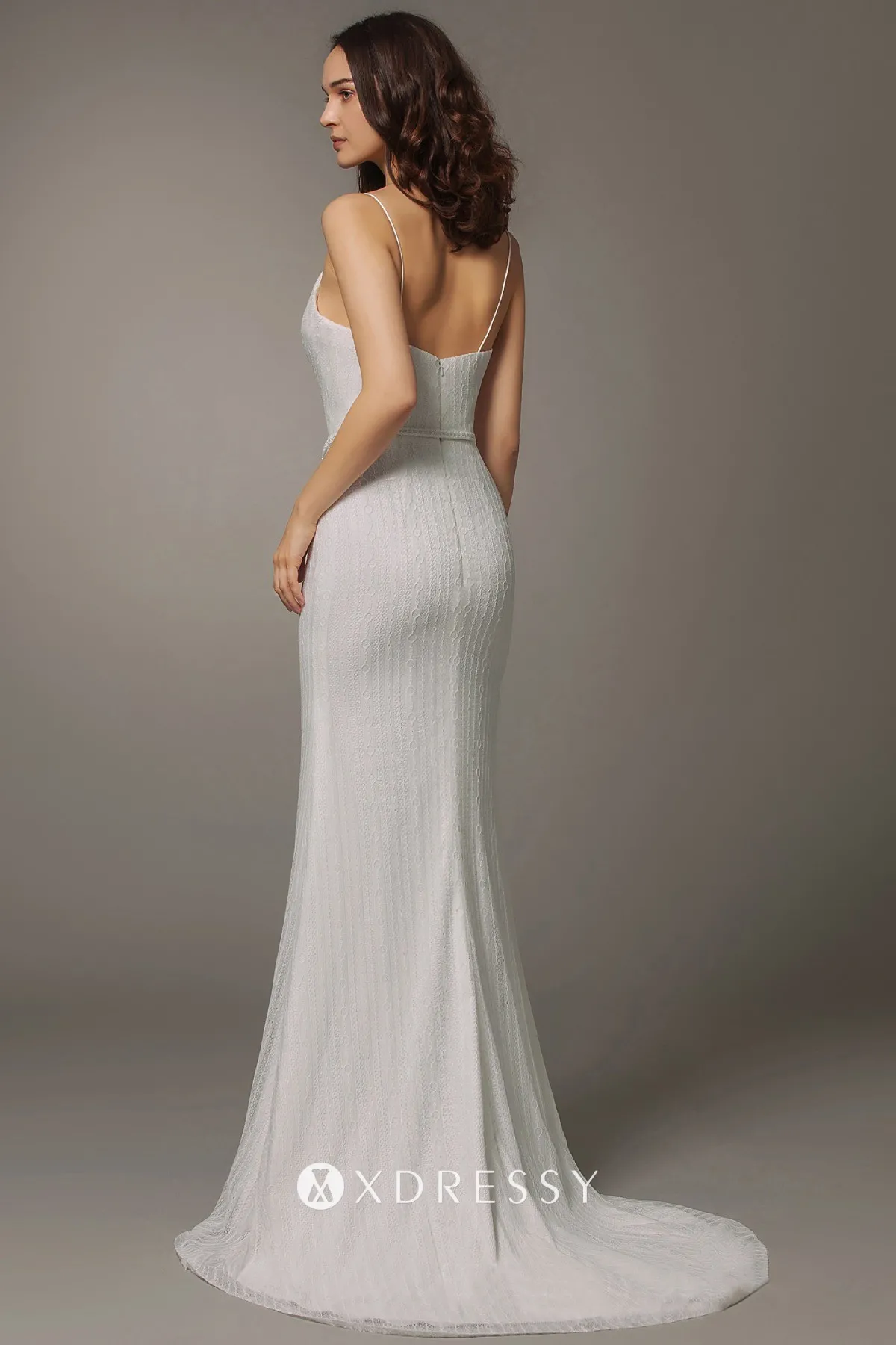 low back lace mesh overlay fit and flare bridal gown