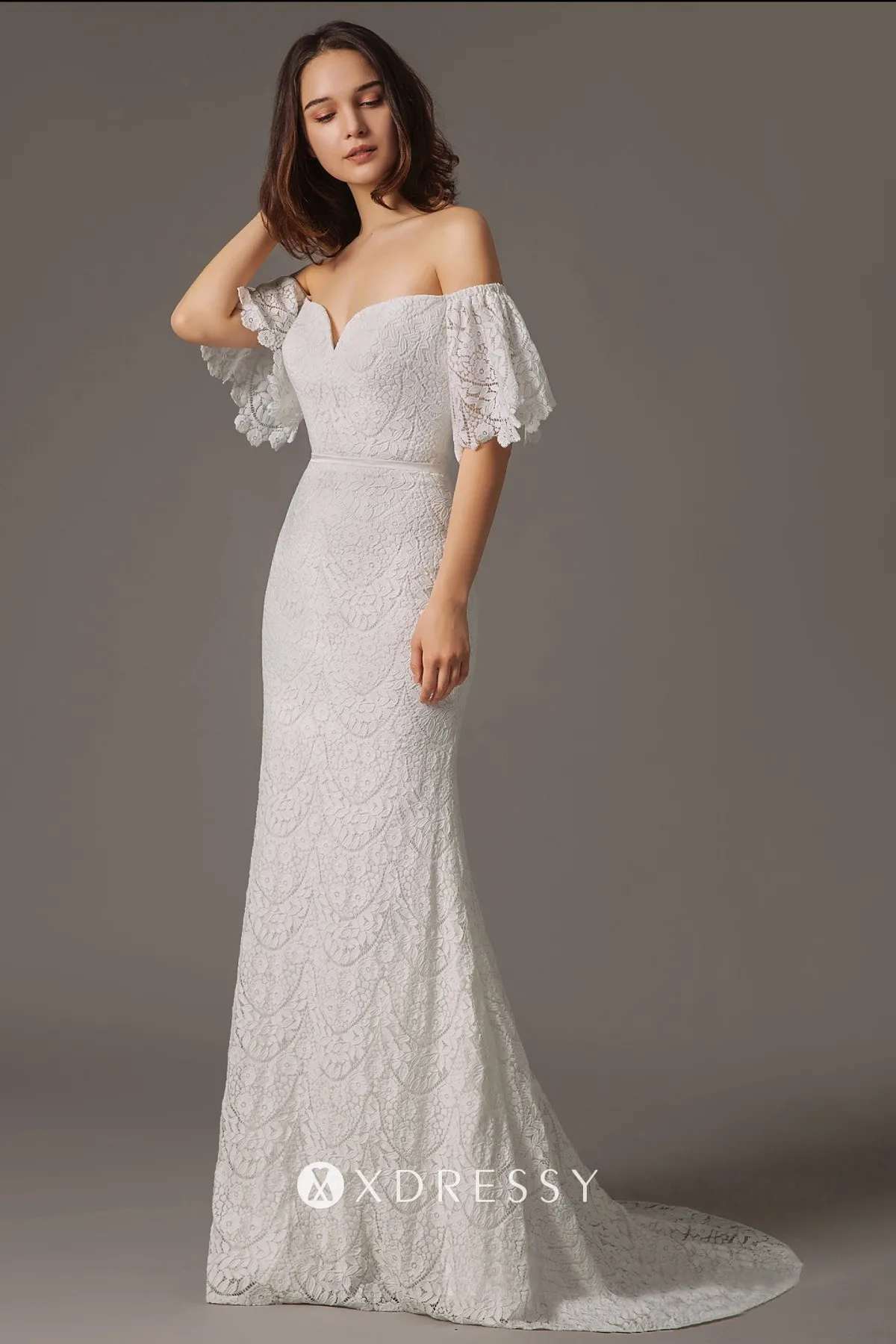 off the shoulder short puffy sleeve white lace mermaid wedding gown