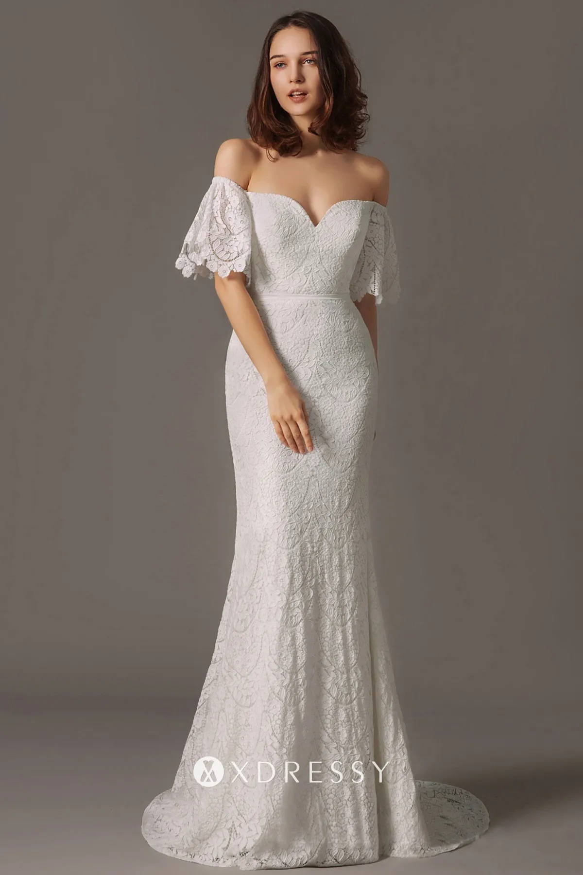 puffy sleeve white lace mermaid wedding gown