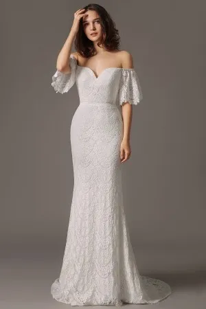 short puffy sleeve white lace mermaid wedding gown