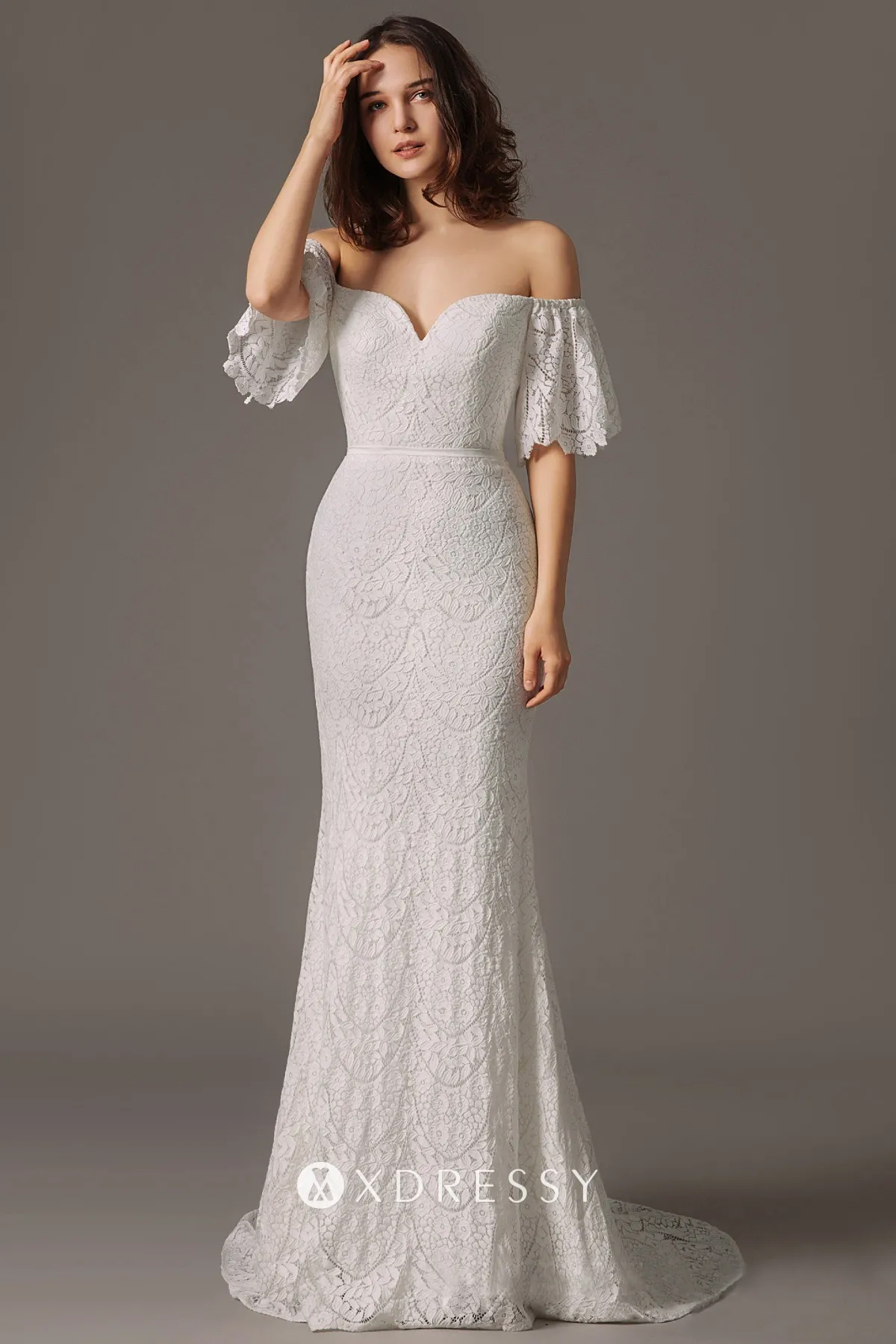 short puffy sleeve white lace mermaid wedding gown