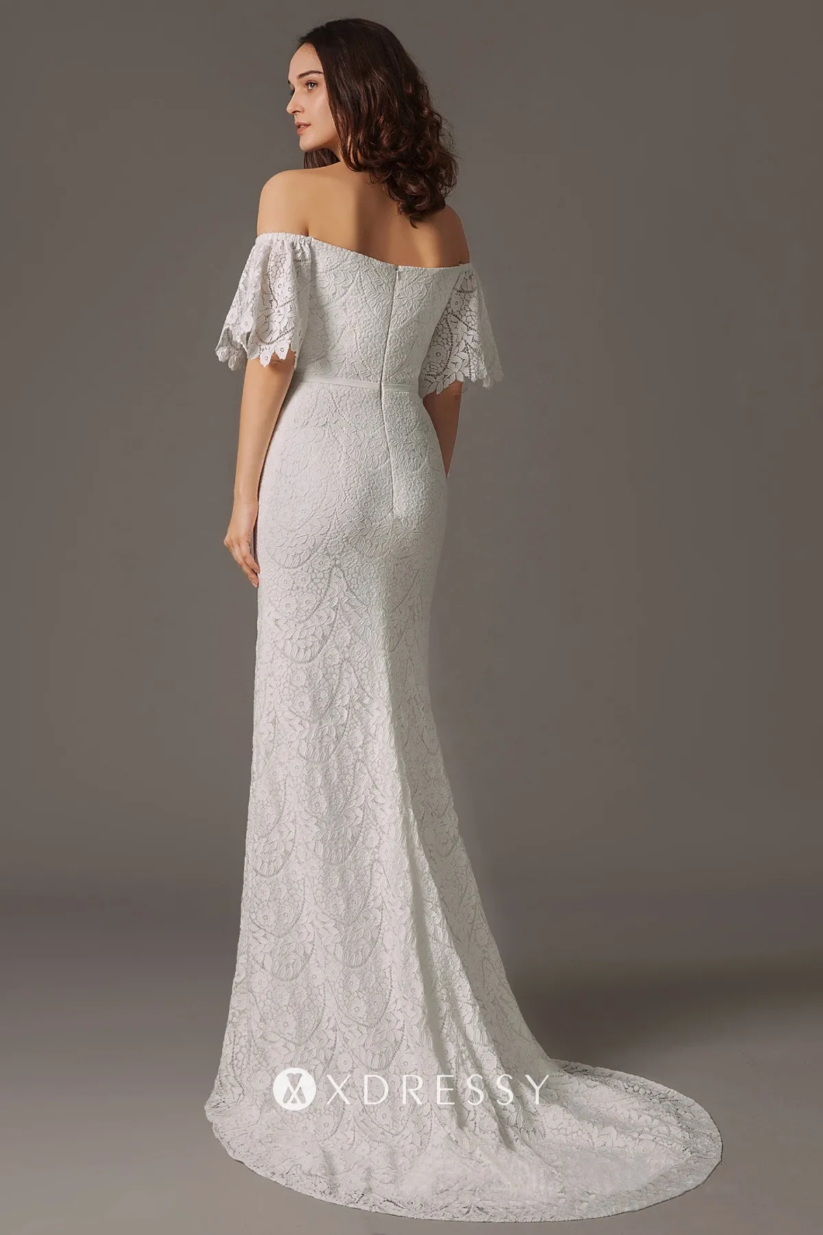 short puffy sleeve white lace mermaid wedding gown with sweep train