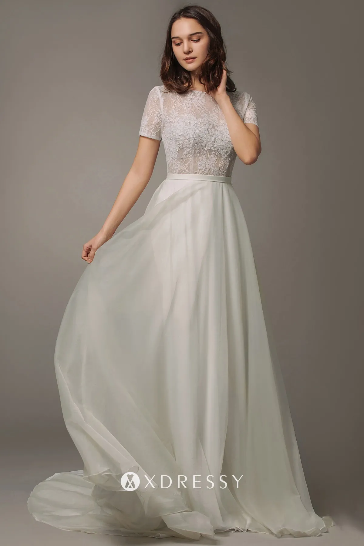 illusion neck ivory lace organza wedding dress