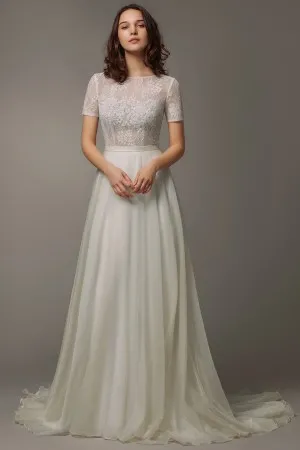 short sleeve ivory lace organza wedding dress