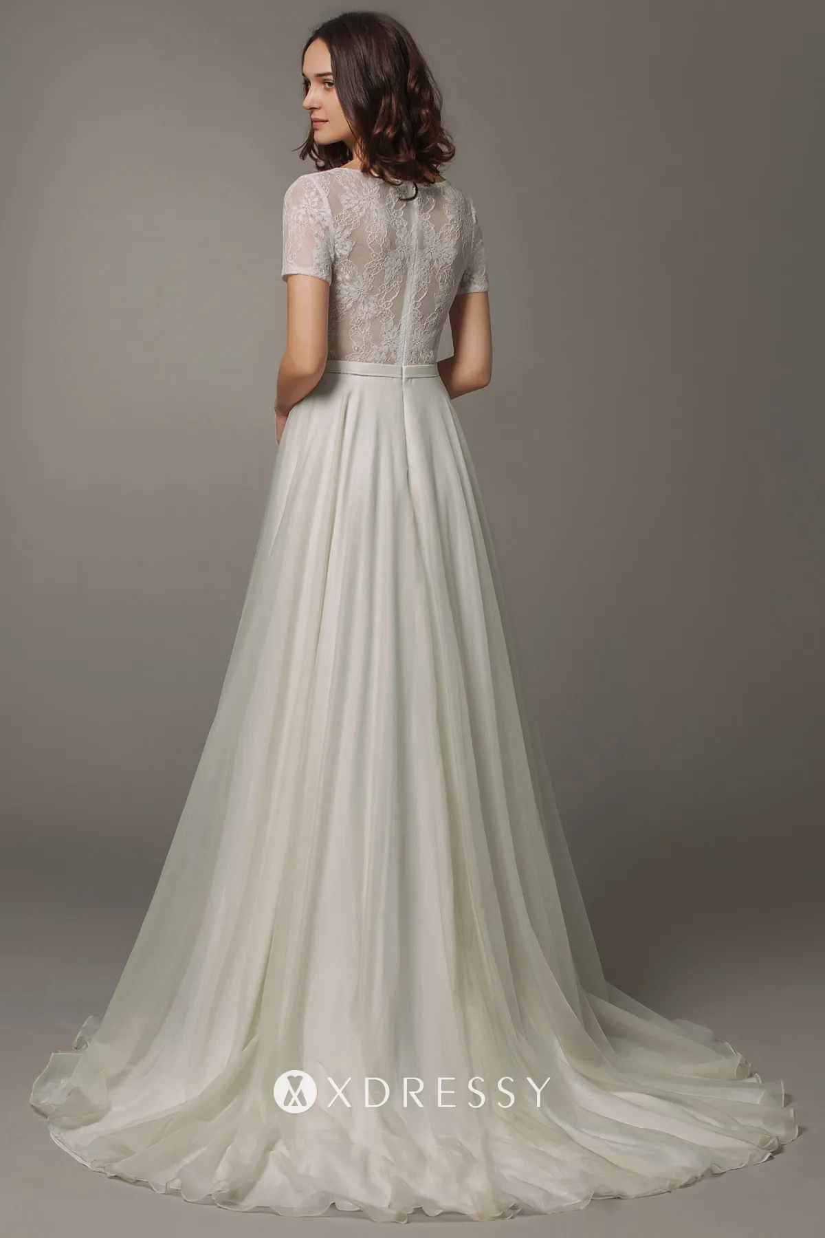 sweep train short sleeve ivory lace organza wedding dress