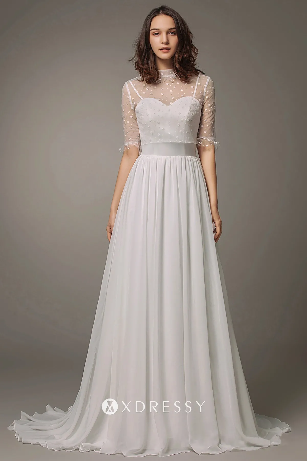 Elegant Half Sleeves Ball Gown Lace Layer Wedding Dress – Pgmdress