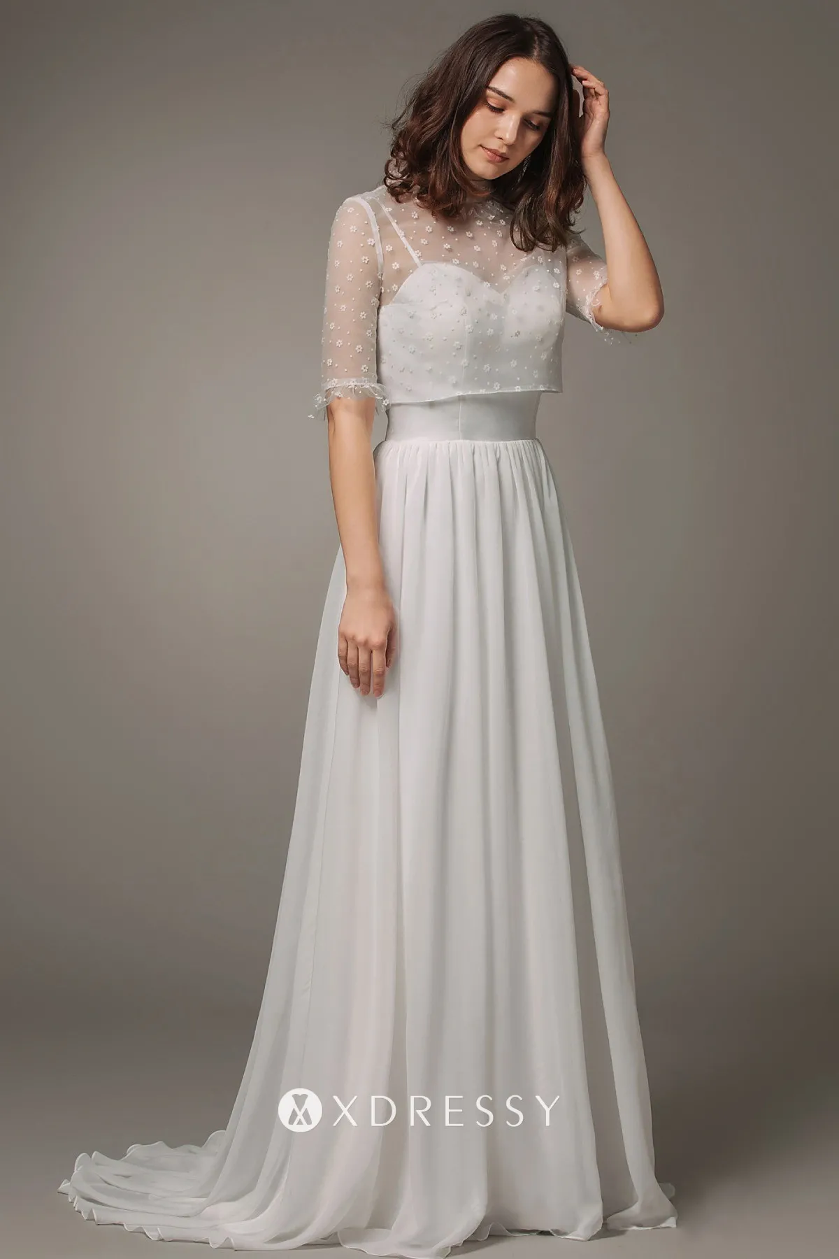 sheer half sleeve white satin chiffon cute bridal gown sheer half sleeve white satin chiffon cute bridal gown