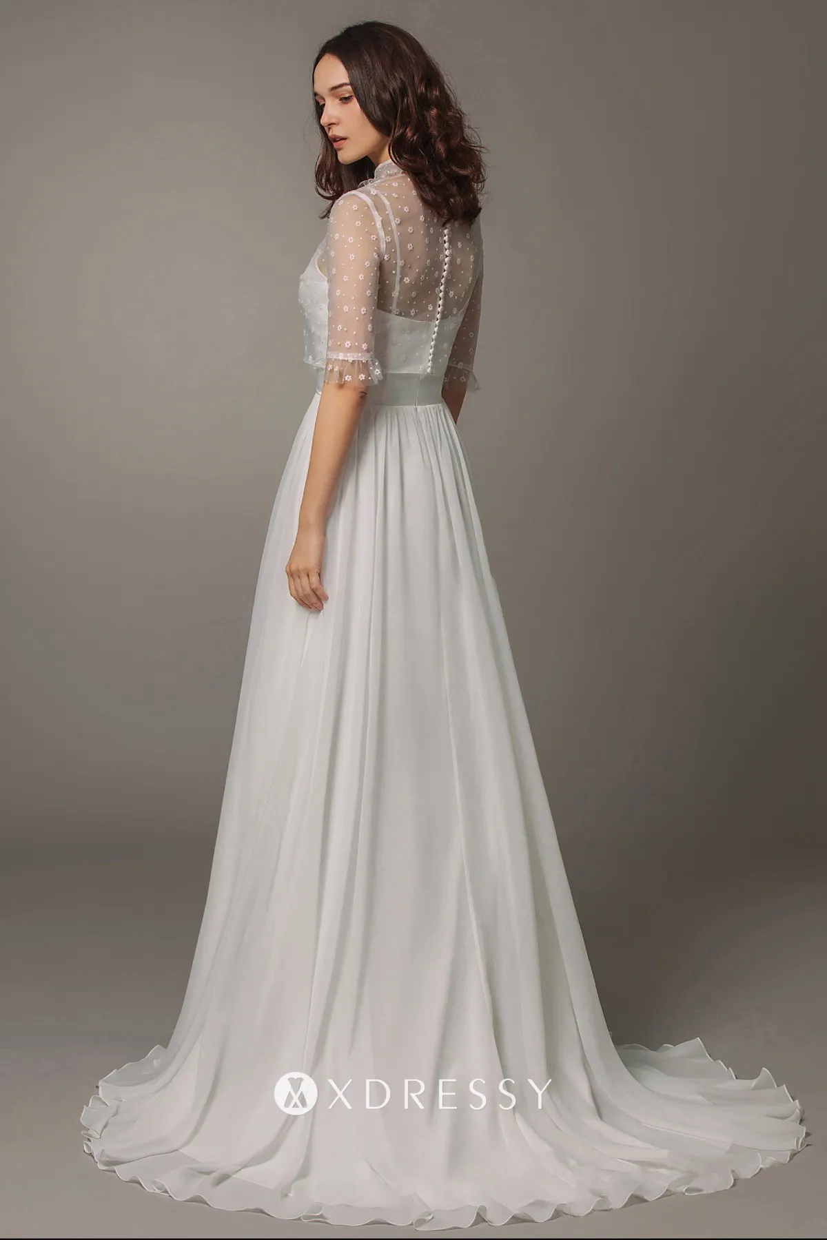 sweep train half sleeve white satin chiffon cute bridal gown sweep train half sleeve white satin chiffon cute bridal gown