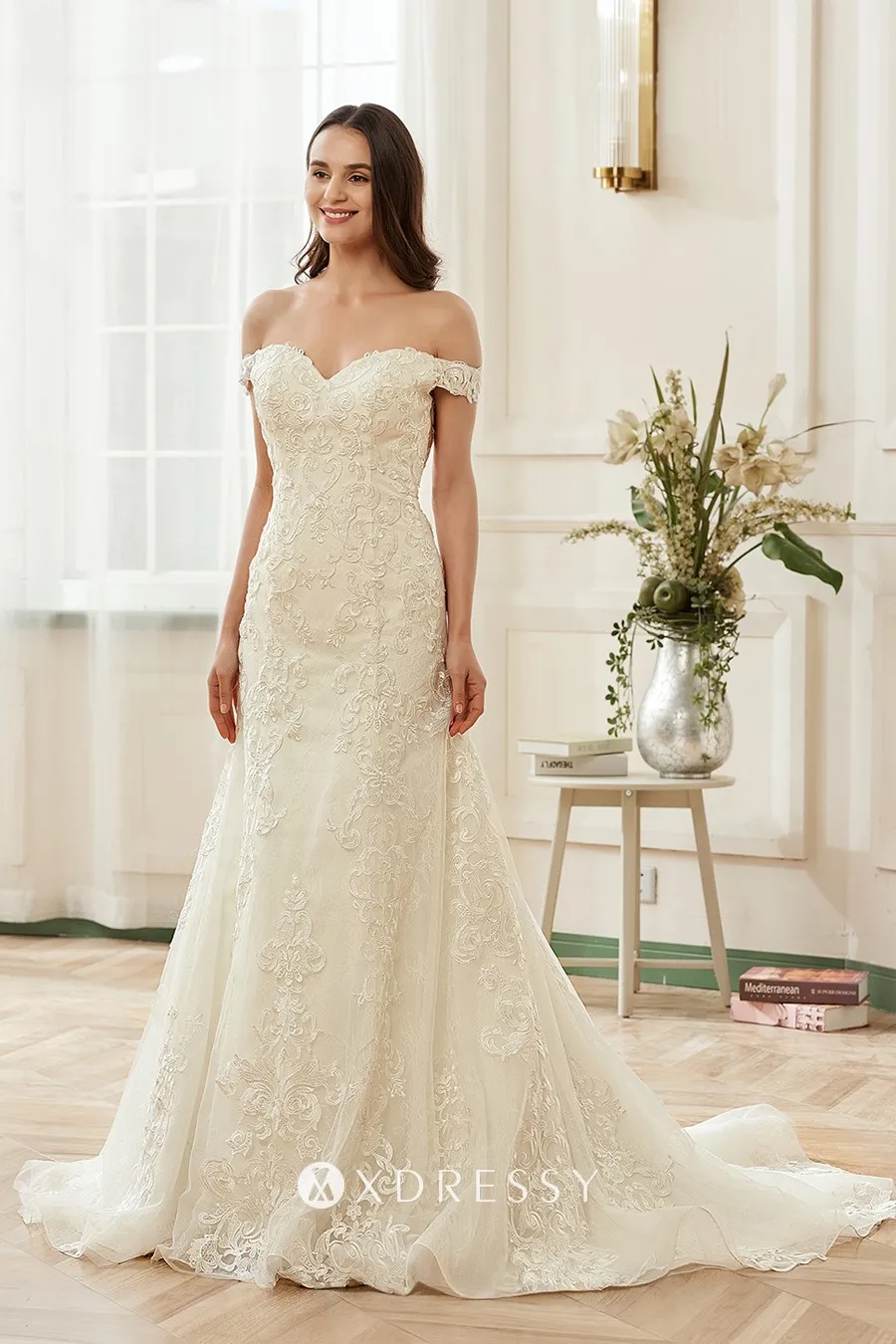 alluring off the shouler sweetheart lace bridal gown