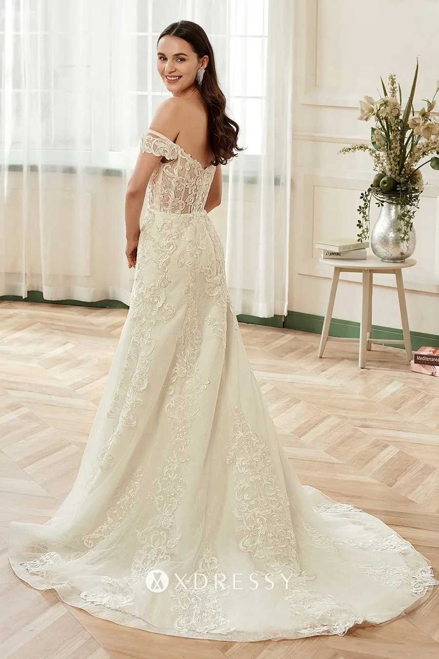 off the shouler lace back chapel train bridal gown