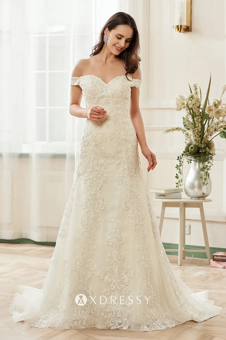 off the shouler sweetheart lace bridal gown