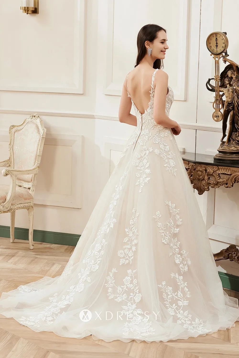 floral V back with illusion straps princess wedding dress