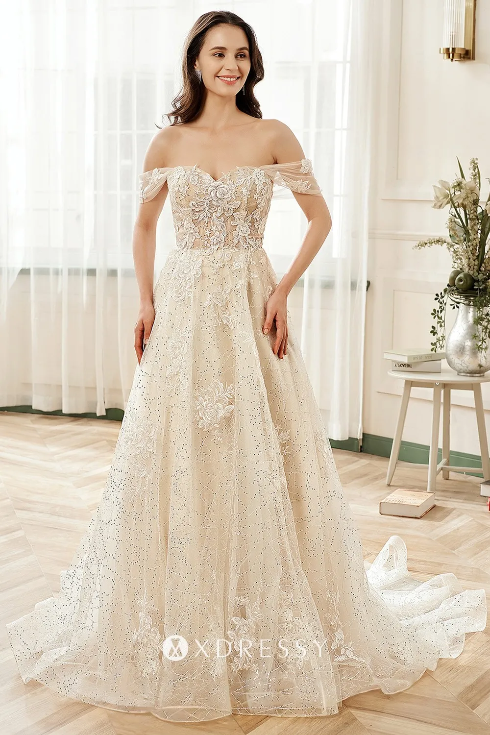 Sequin Tulle Offtheshoulder Straps Lace Wedding Dress Xdressy