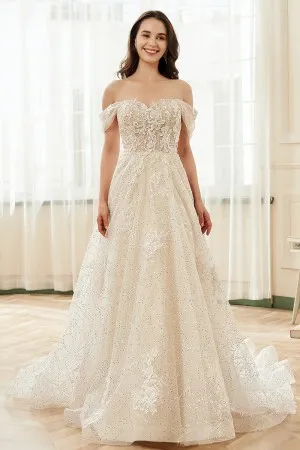 sequin tulle off the shoulder straps lace wedding dress