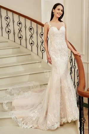 ivory blush sweetheart lace mermaid wedding dress