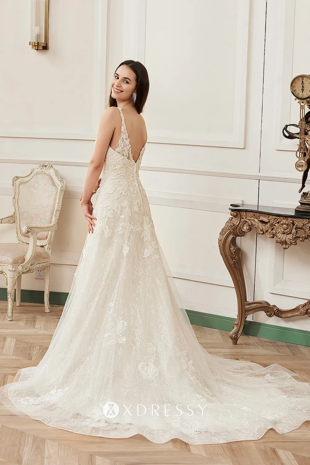 romantic a line lace open V back floral applique court train bridal gown romantic a line lace open V back floral applique court train bridal gown
