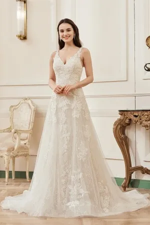 romantic a line v neck floral lace bridal gown