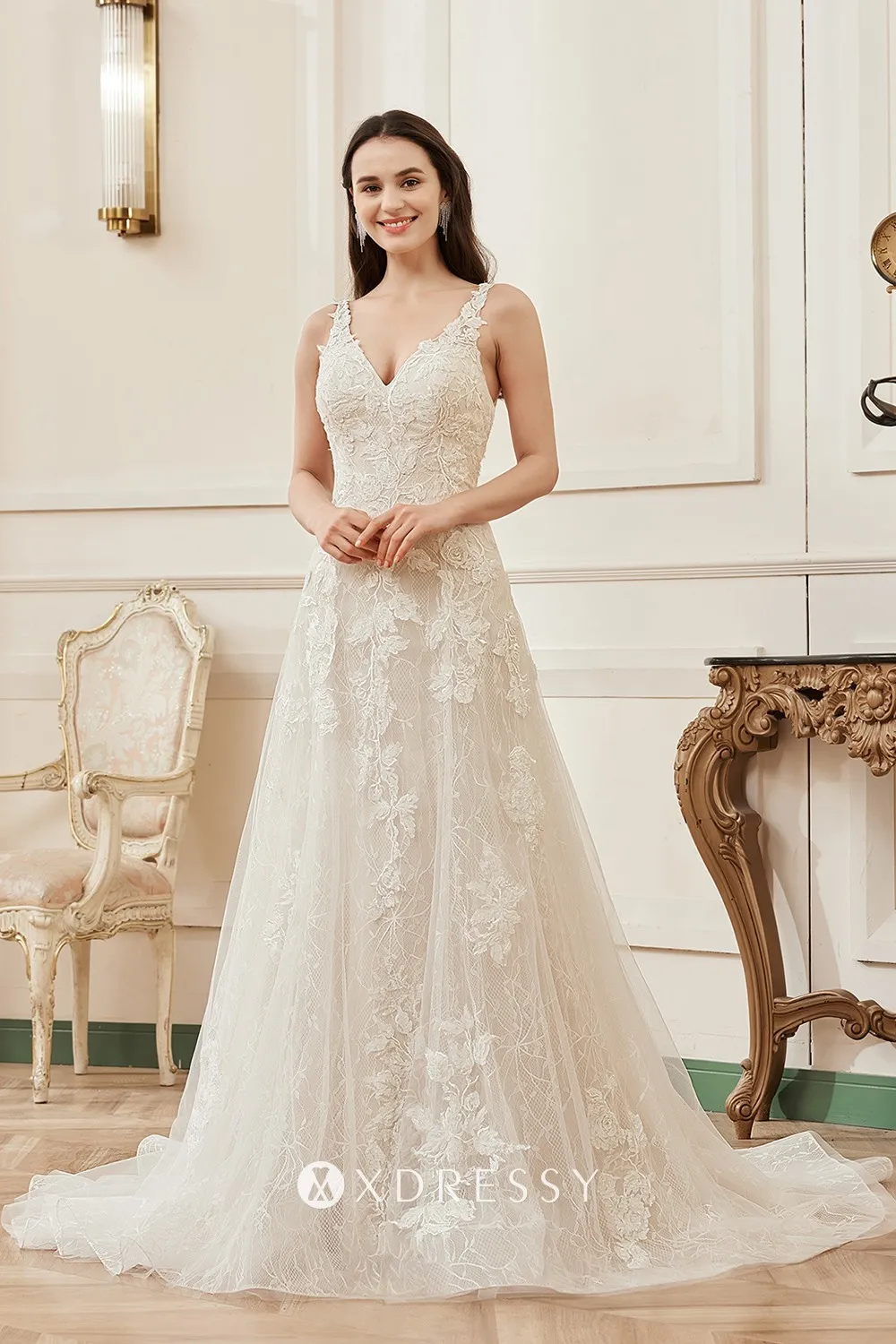 Romantic Floral Applique Low Neck Lace Floral Dress main image 1