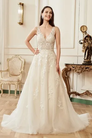 illusion plunging v neckline lace straps bridal gown