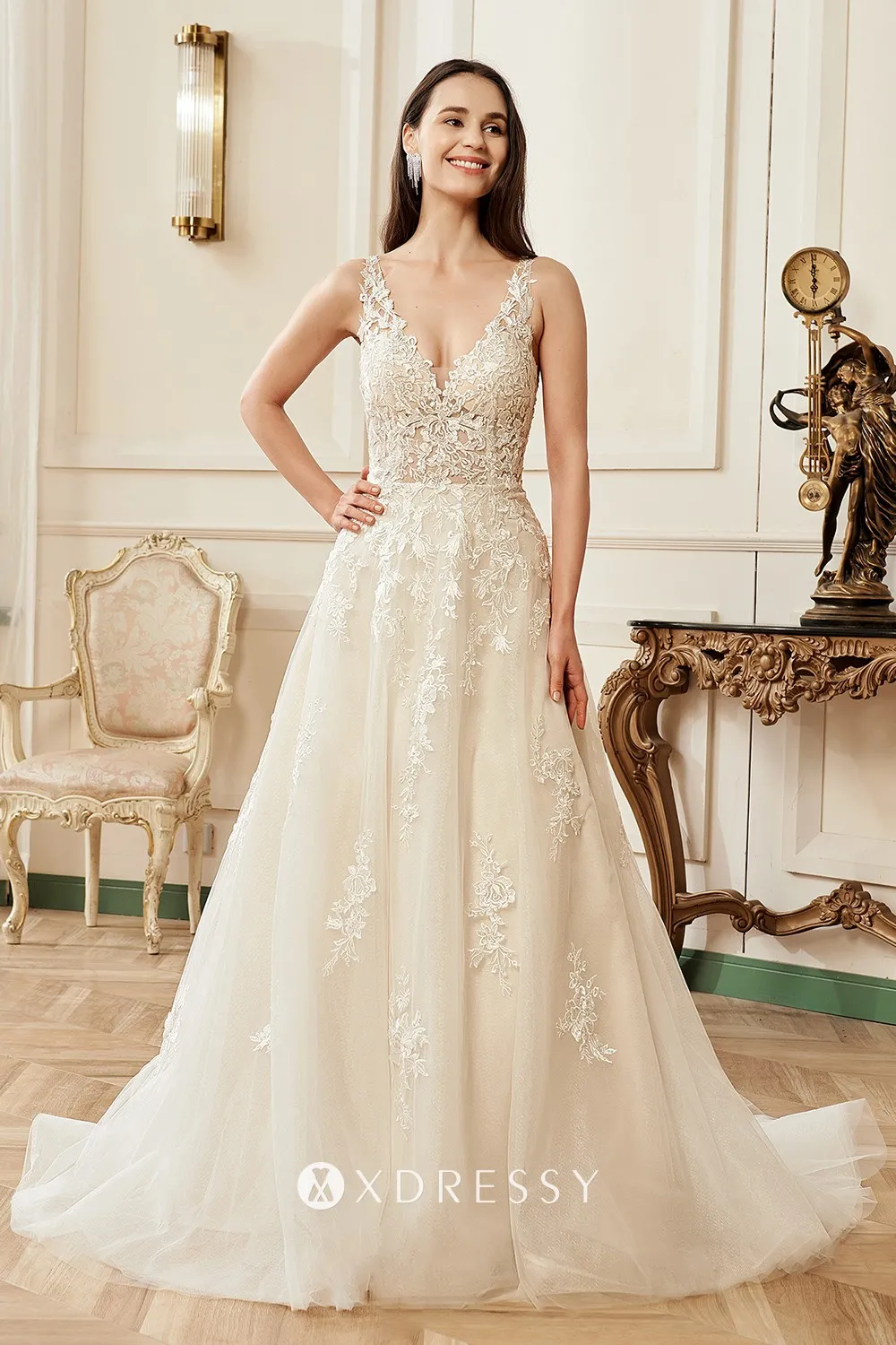 Illusion Plunging V-neckline Lace Straps Bridal Gown - Xdressy