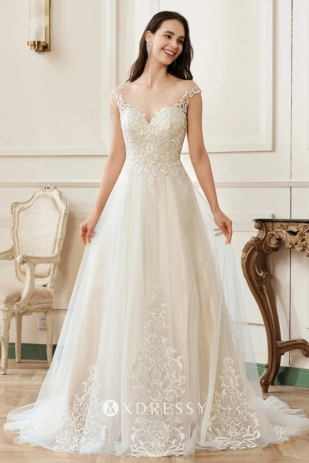 Illusion Sweetheart Neck Cap Sleeve Lace Bridal Gown - Xdressy