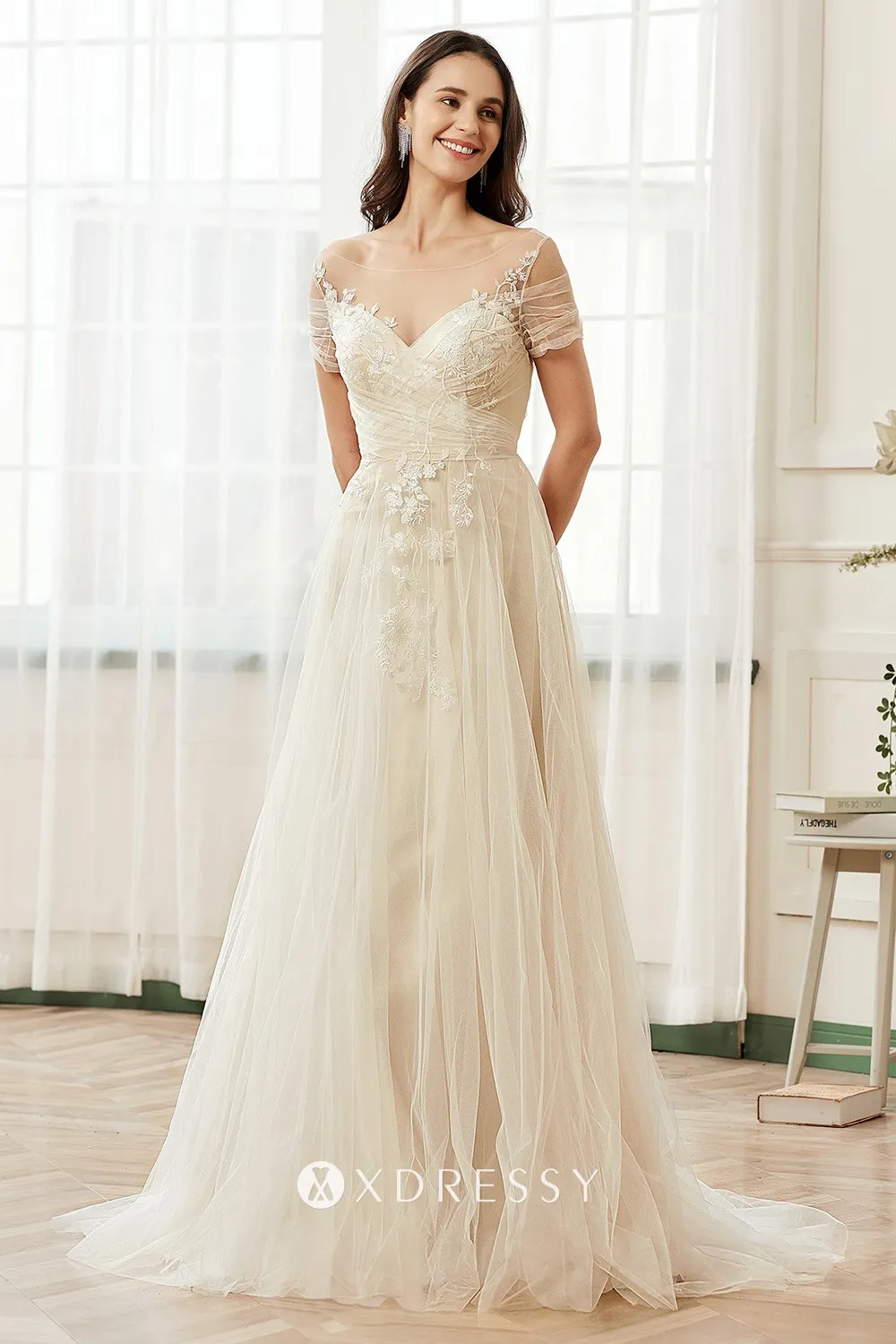 Off-the-Shoulder Illusion Pleated Tulle Bridal Gown - Xdressy