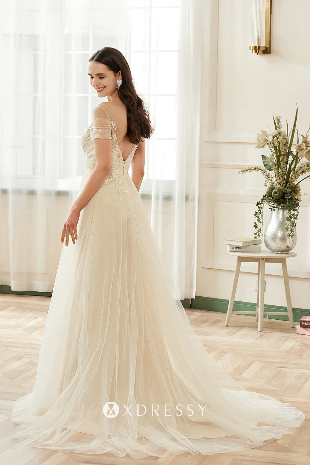 off the shoulder pleated V back tulle Skirt bridal gown