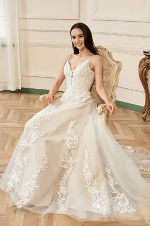 gorgeous thin straps v neck lace a line wedding dress