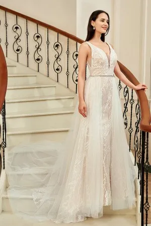 plunging v neck wedding dress with detachable overskirt
