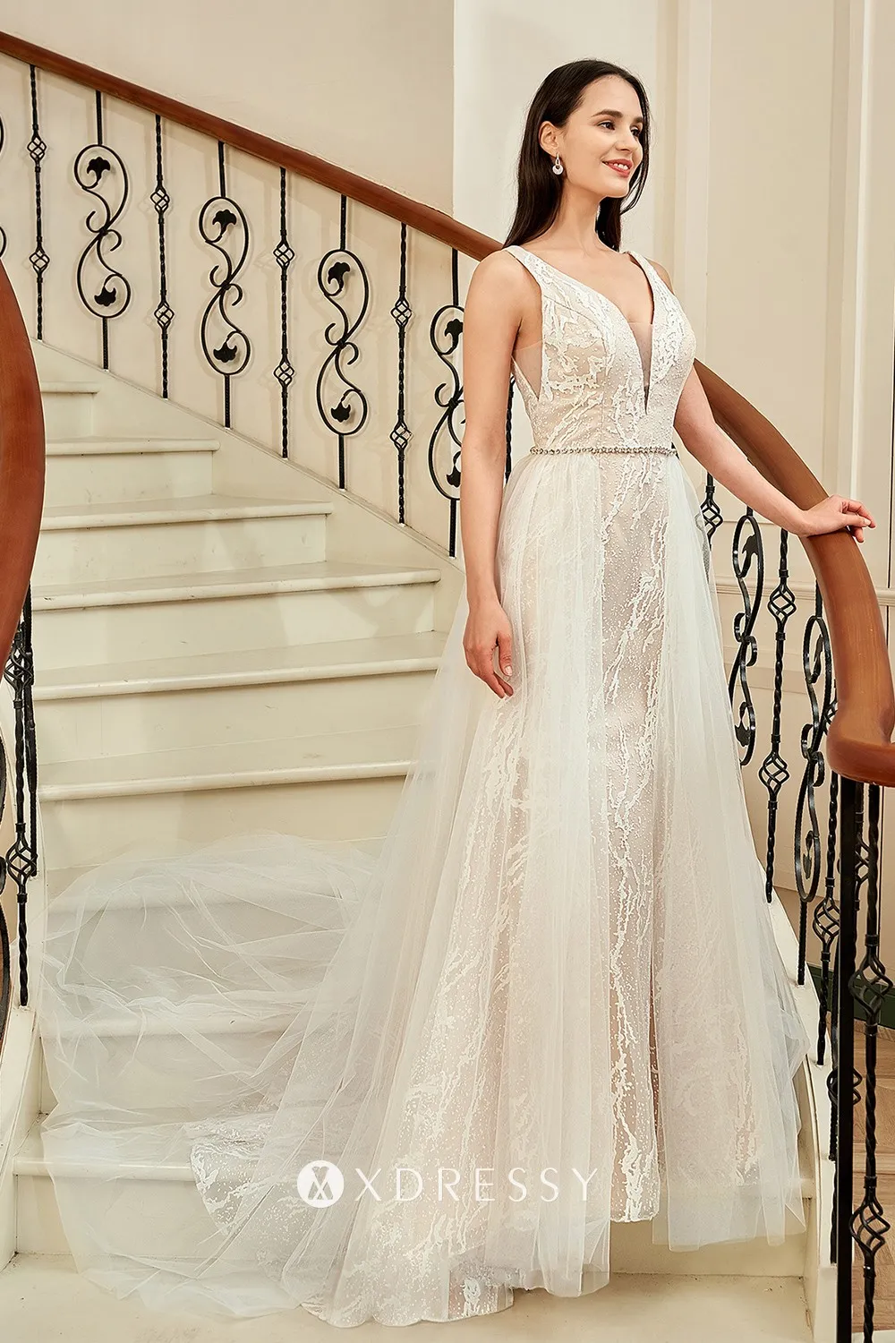 Elegant V-Neck Wedding Dresses with Overskirt for Timeless Bridal Glamour