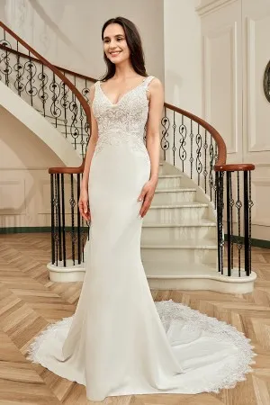 slim mermaid lace court train wedding dress