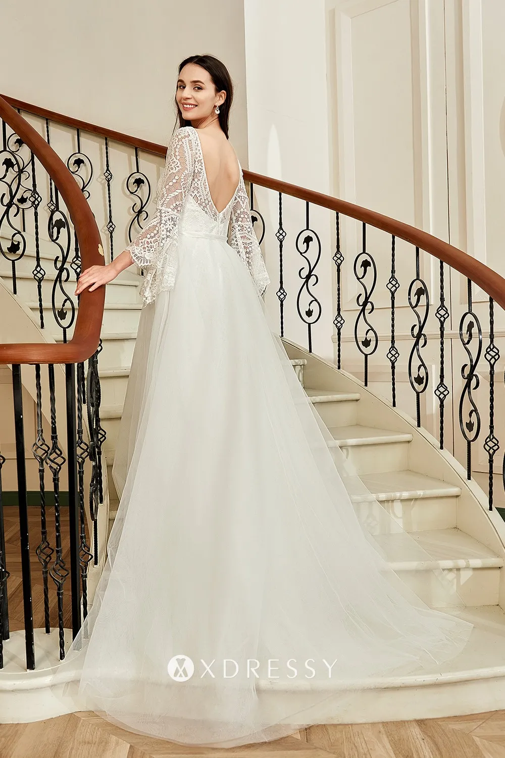 illusion lace V back removeable soft tulle overskirt chapel length wedding dress