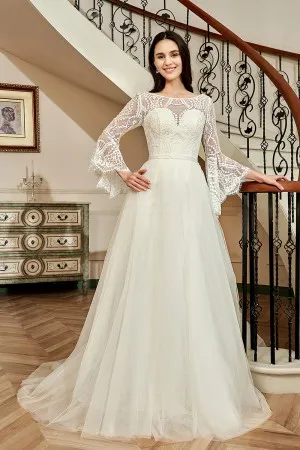 illusion neckline bell long sleeve lace wedding dress