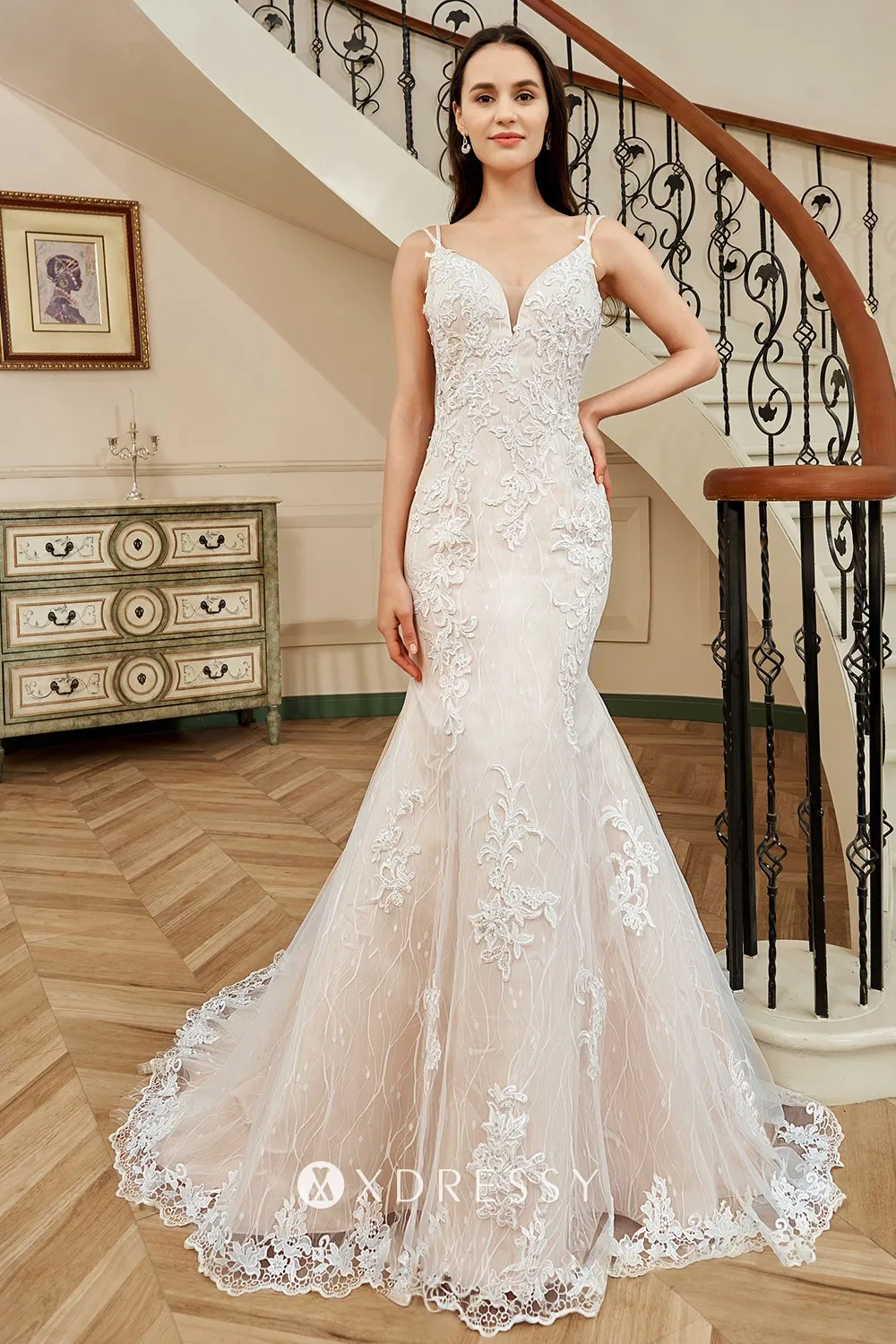 Glamorous Lace Overlay Mermaid Champagne Wedding Dress Xdressy