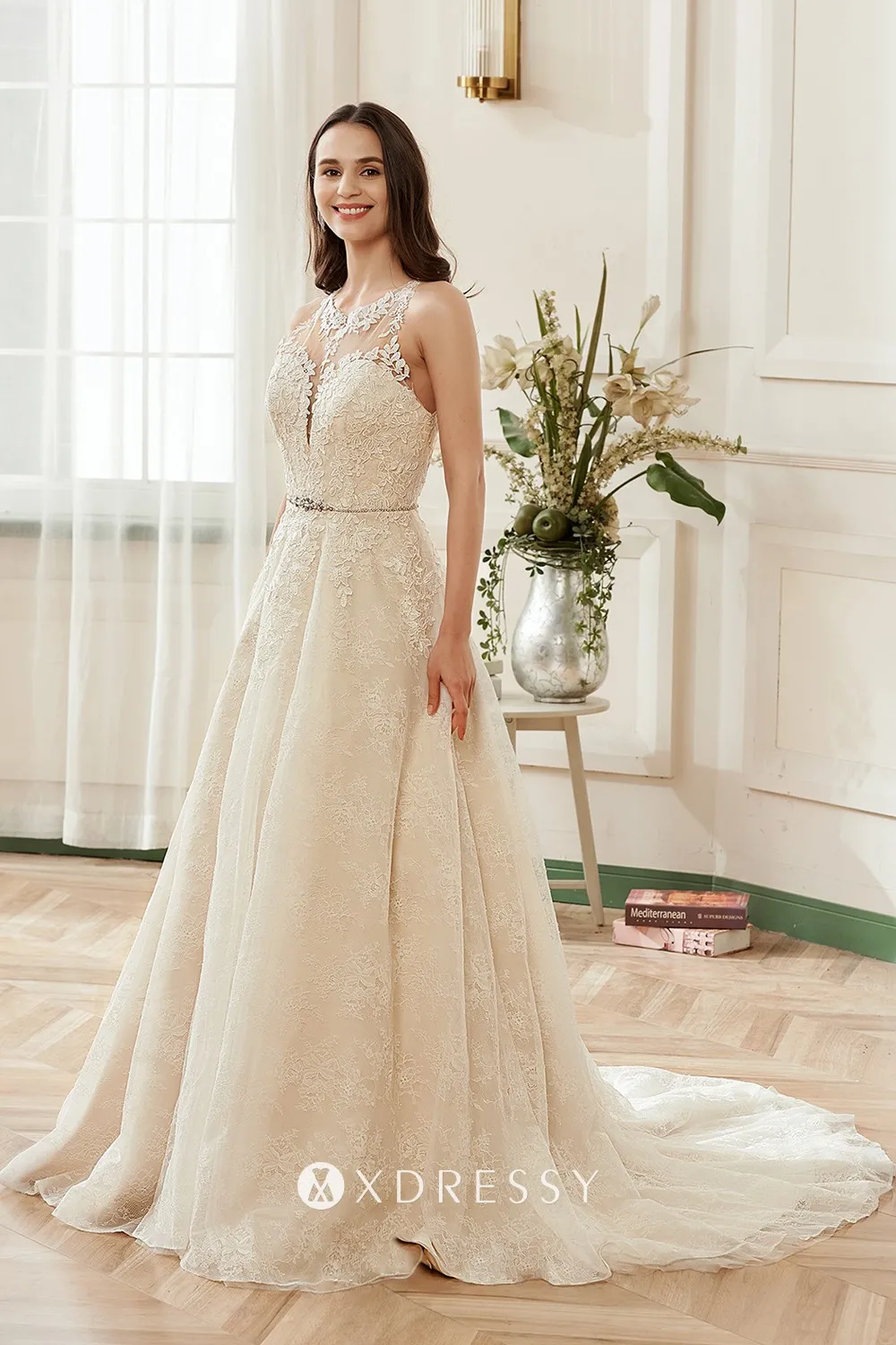 illusion lace and tulle crystal belt wedding dress
